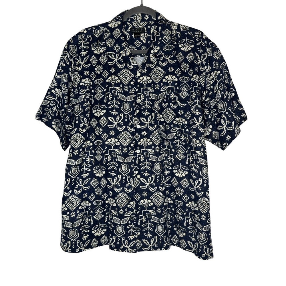 Harold Powell Mens Silk Linen Button Down Shirt Sz L Short Sleeve Tropical Beach